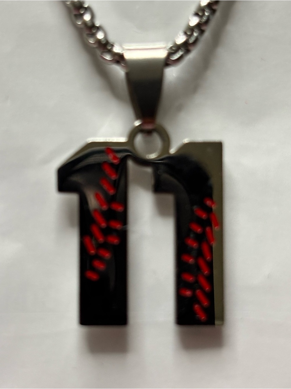 Sliver Number '11' Pendant Necklace with Baseball Red Stitch Detailing